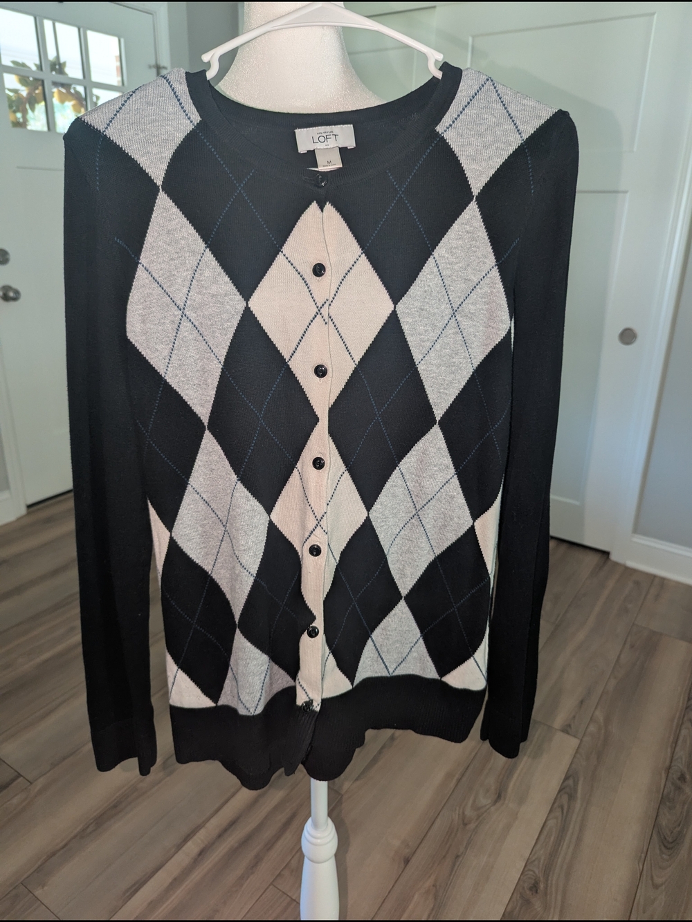 LOFT Black Cream Argyle Button-Front Cardigan